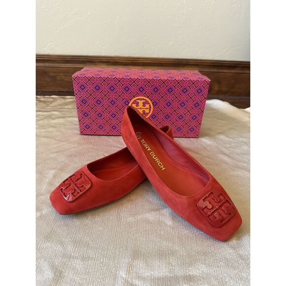 Tory Burch Shoes - NEW ish Tory Burch Georgia Square Toe Silk Suede Triple Red Ballet Flat Sz 9 Box